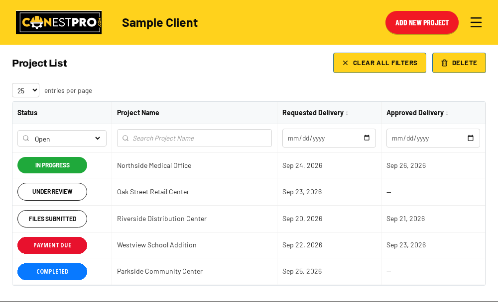 Sample ConEstPro project portal showing fictional construction projects, statuses, and delivery dates