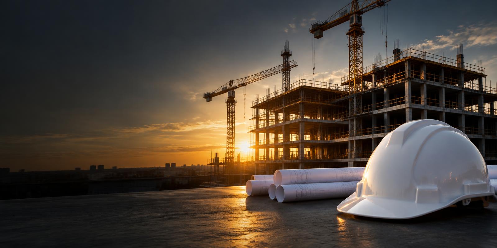 Commercial construction site at sunrise with plans and a hard hat