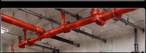 Red fire sprinkler piping along a ceiling
