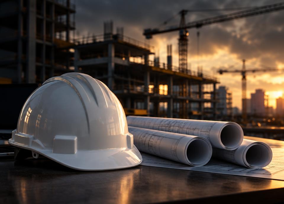 Hard hat and plans at a construction project