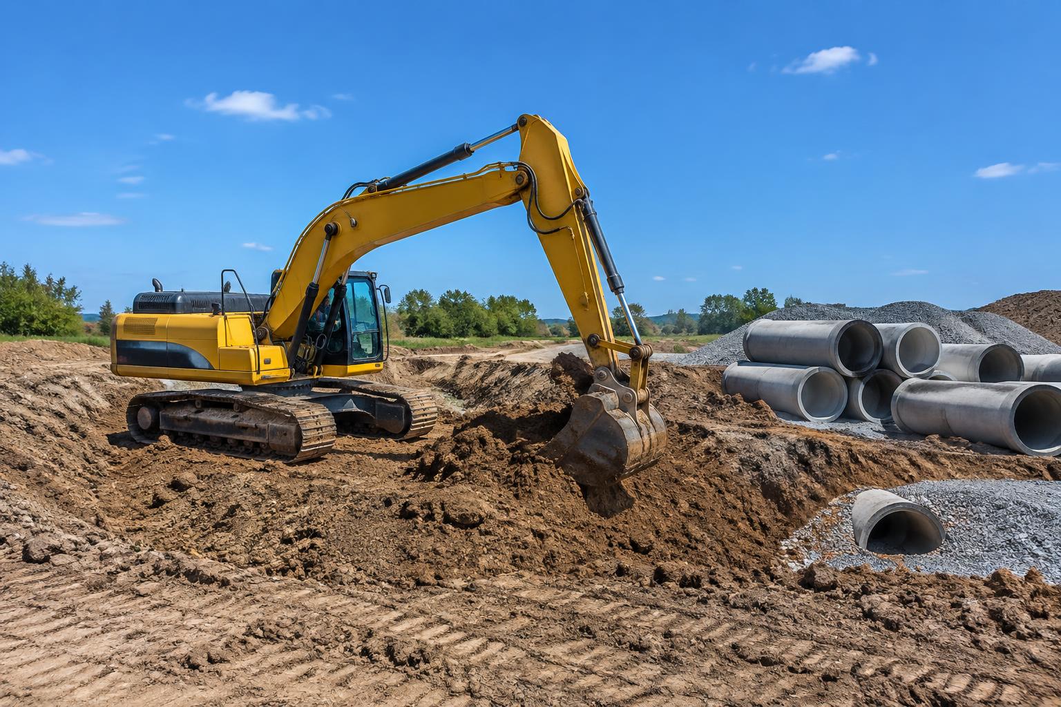 Excavator grading a civil site beside concrete drainage pipes