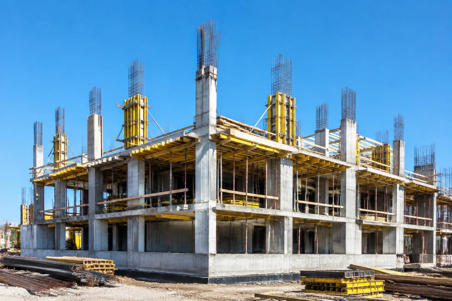 Reinforced concrete building with exposed rebar and formwork under construction