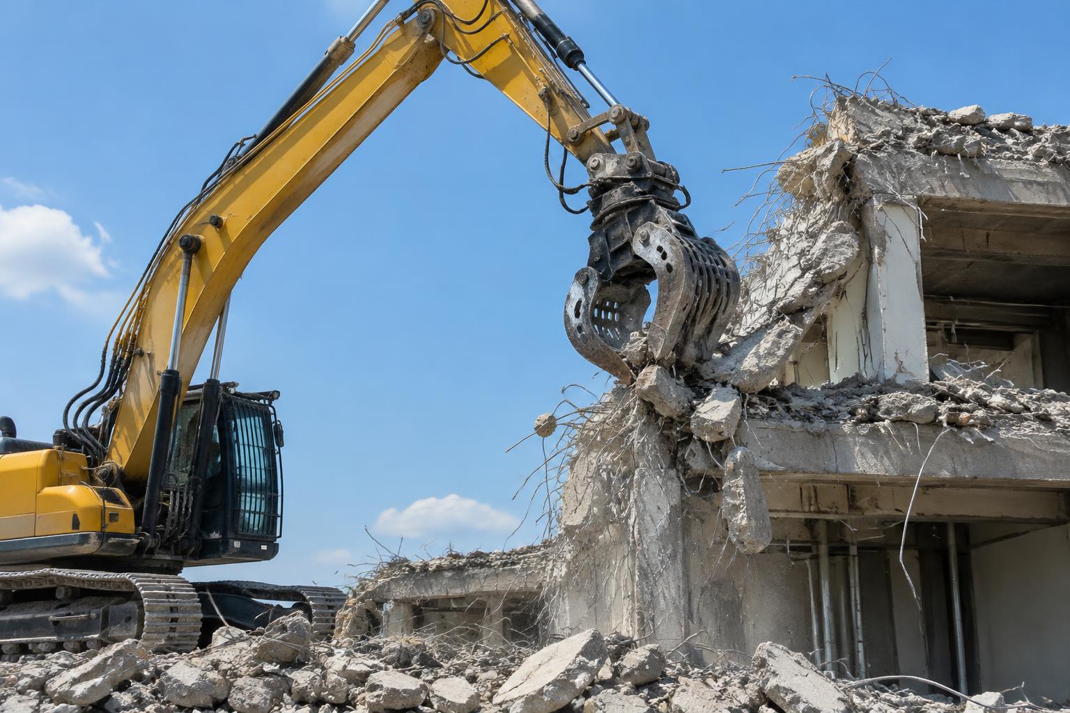 Excavator demolishing a reinforced concrete building
