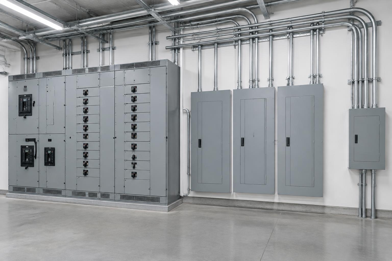 Commercial electrical switchgear and panelboards with orderly overhead conduits