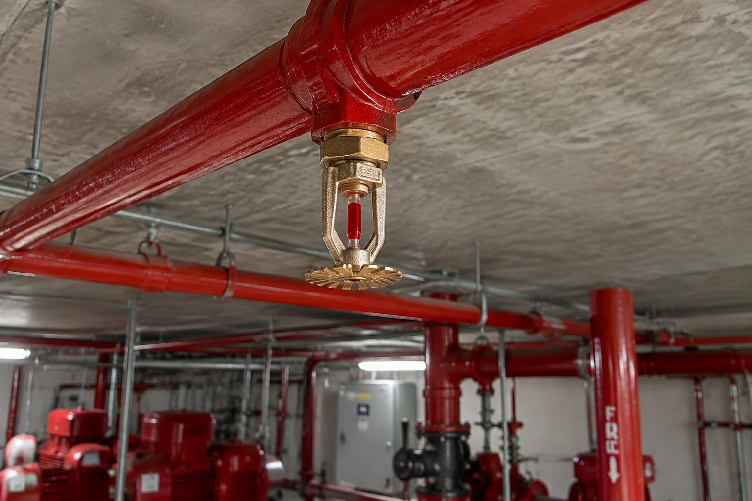 Commercial fire sprinkler head mounted to red fire protection piping