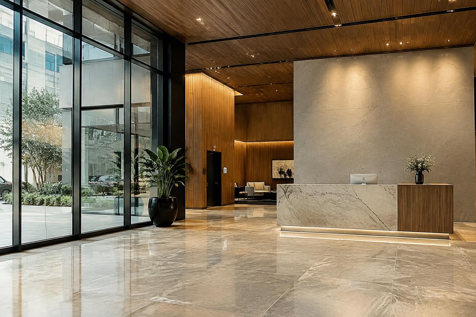 Commercial lobby with porcelain tile, natural stone and wood flooring