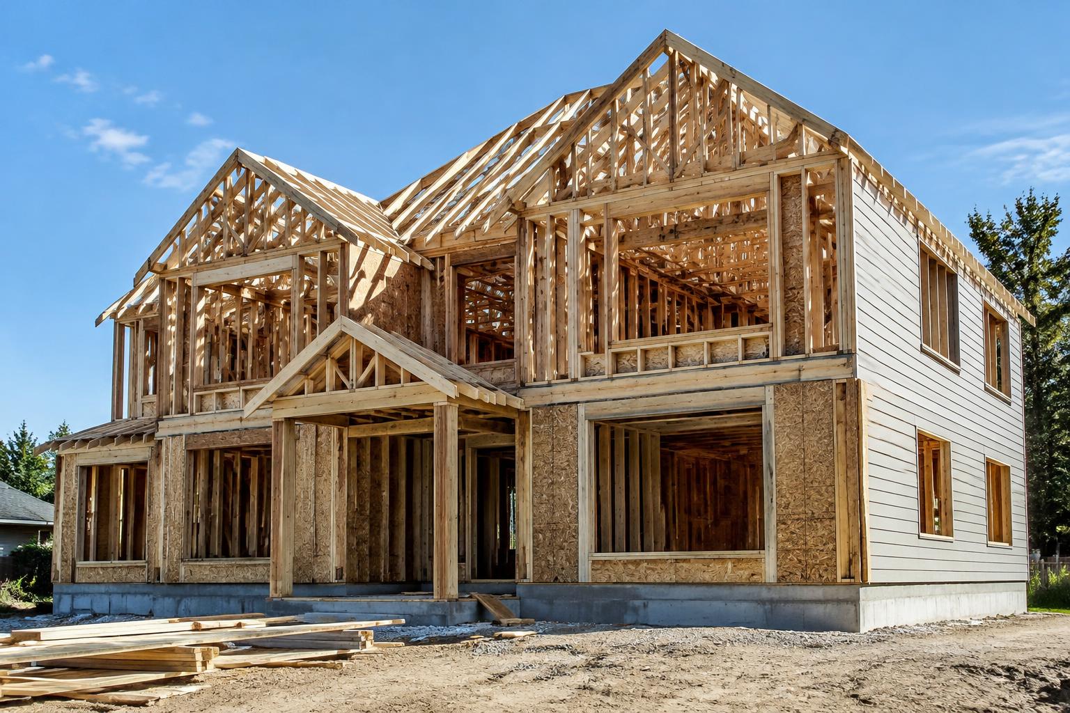 Timber-framed building with exposed roof trusses and exterior siding