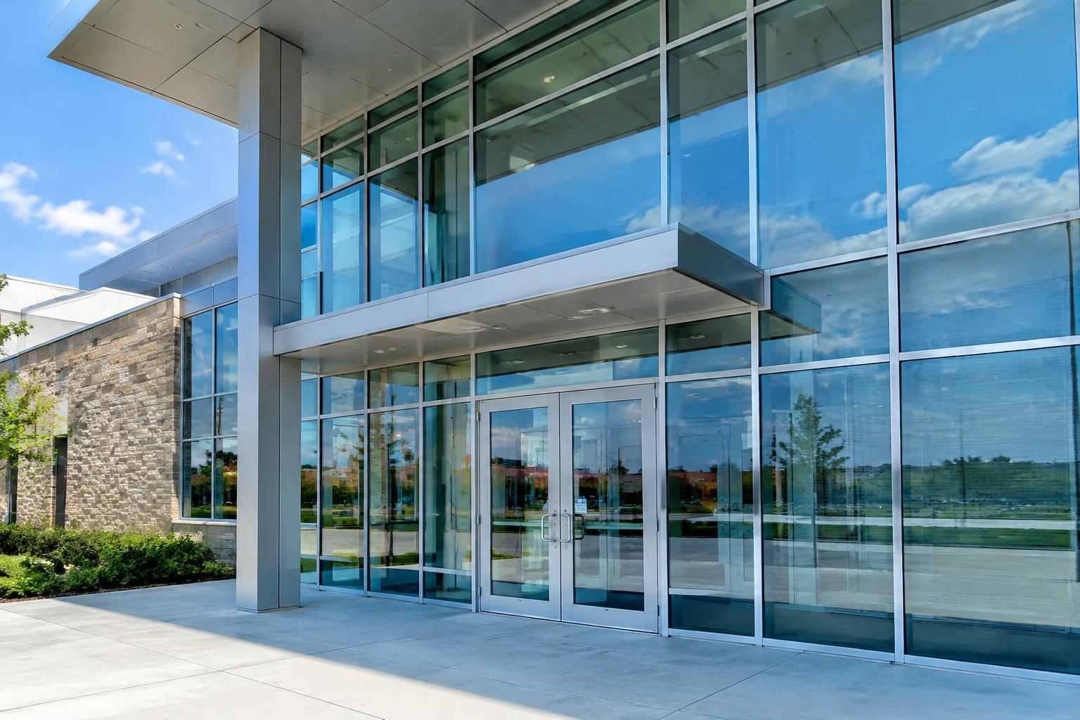 Modern commercial entrance with glass curtain wall and aluminum storefront