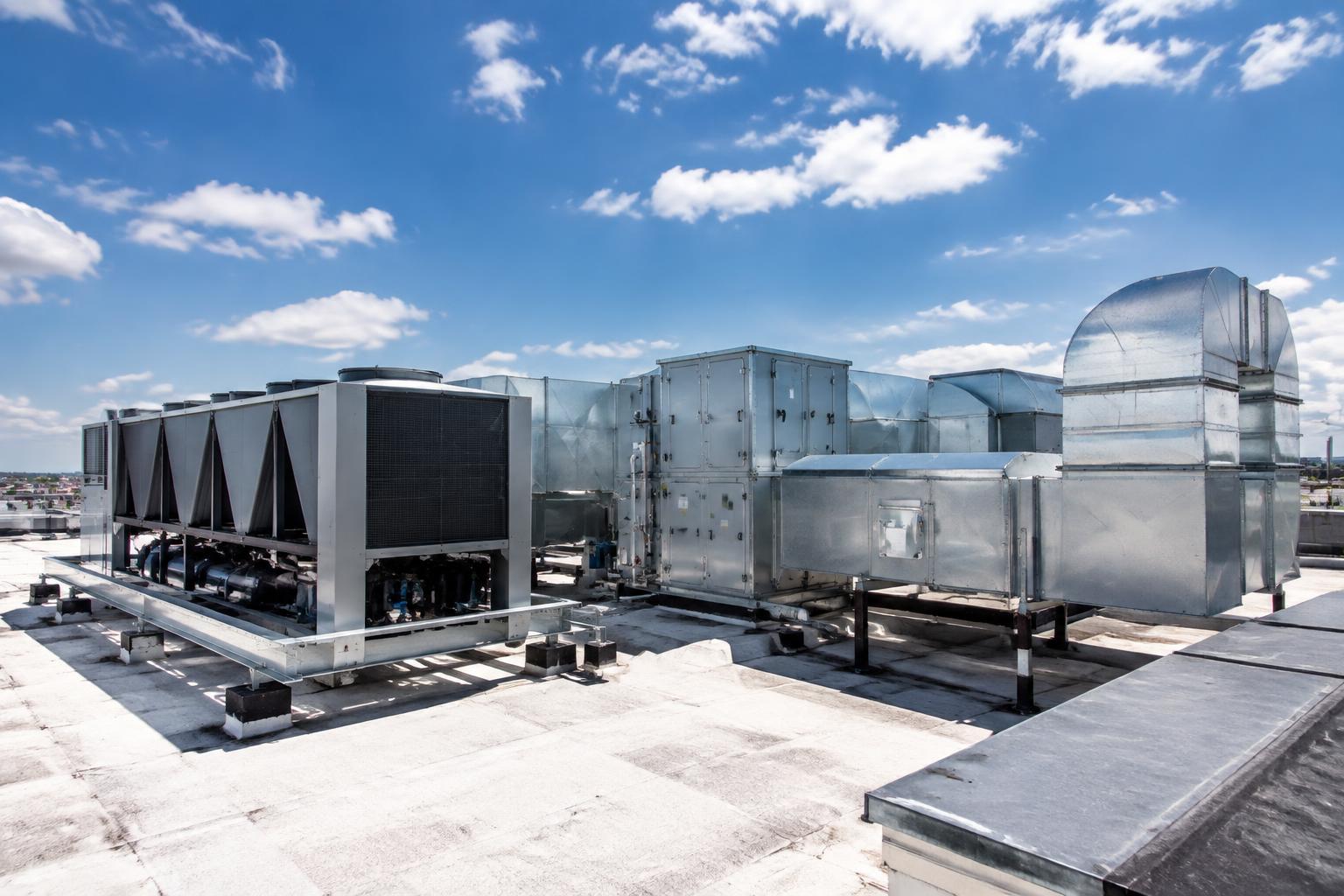 Commercial rooftop HVAC units and galvanized ductwork