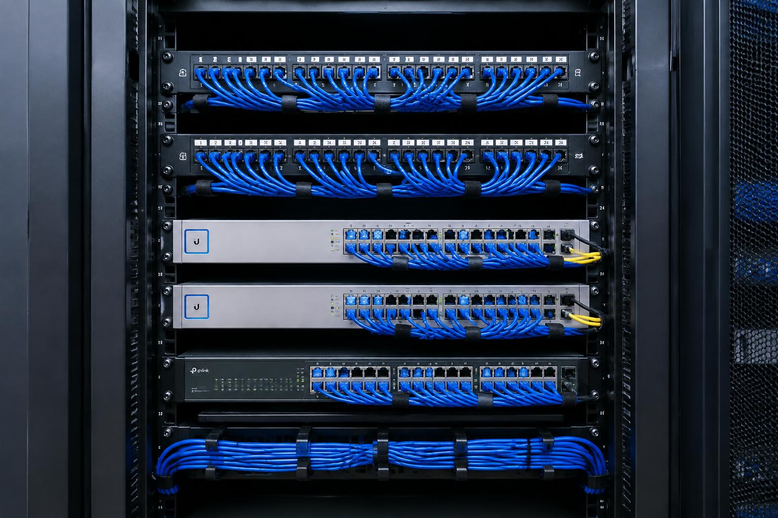 Network equipment rack with organized blue data cabling and patch panels