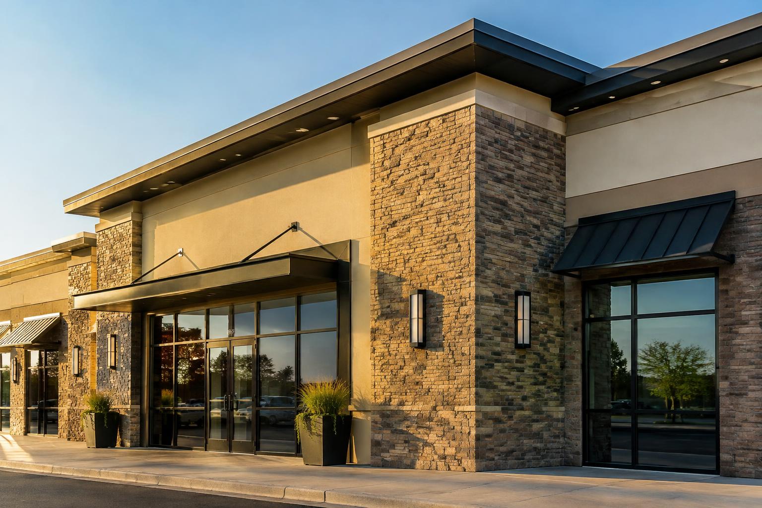 Modern commercial building with stone veneer, stucco and storefront glazing