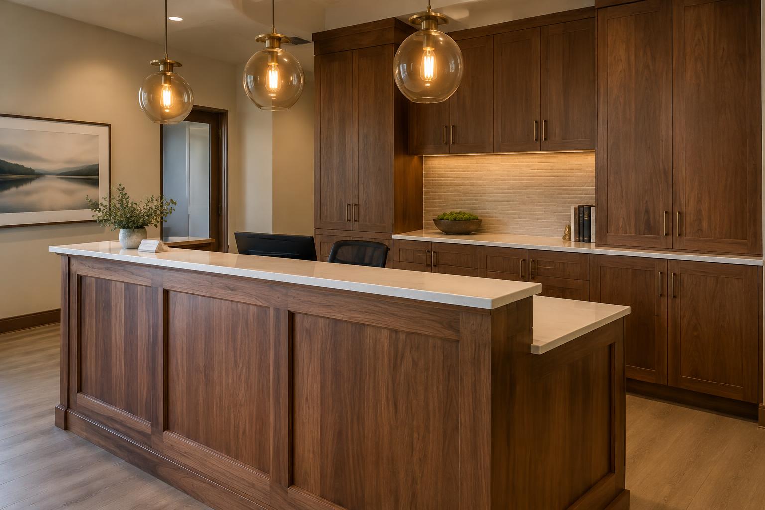 Commercial reception area with custom wood millwork and casework