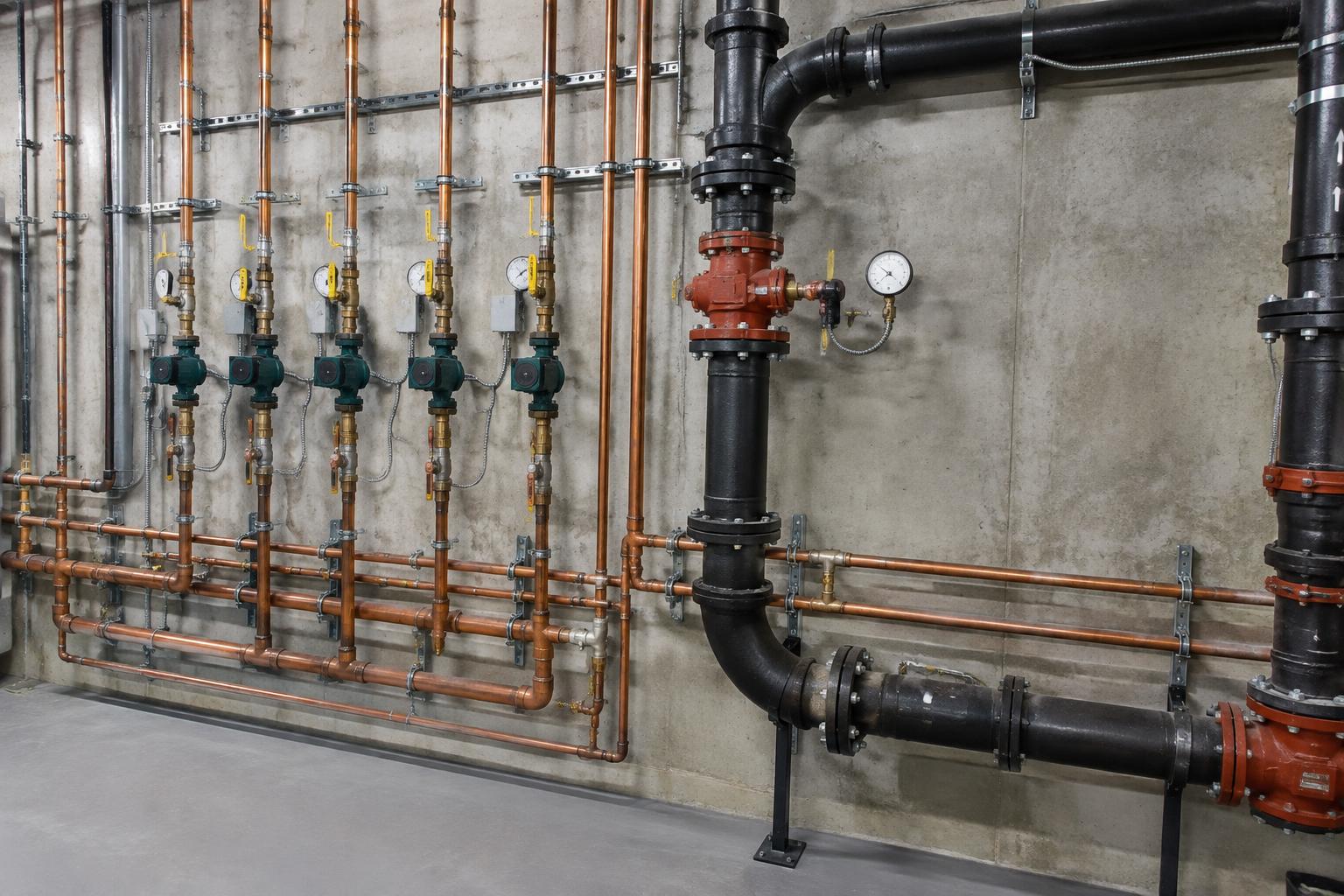 Commercial mechanical room with copper and cast iron plumbing piping