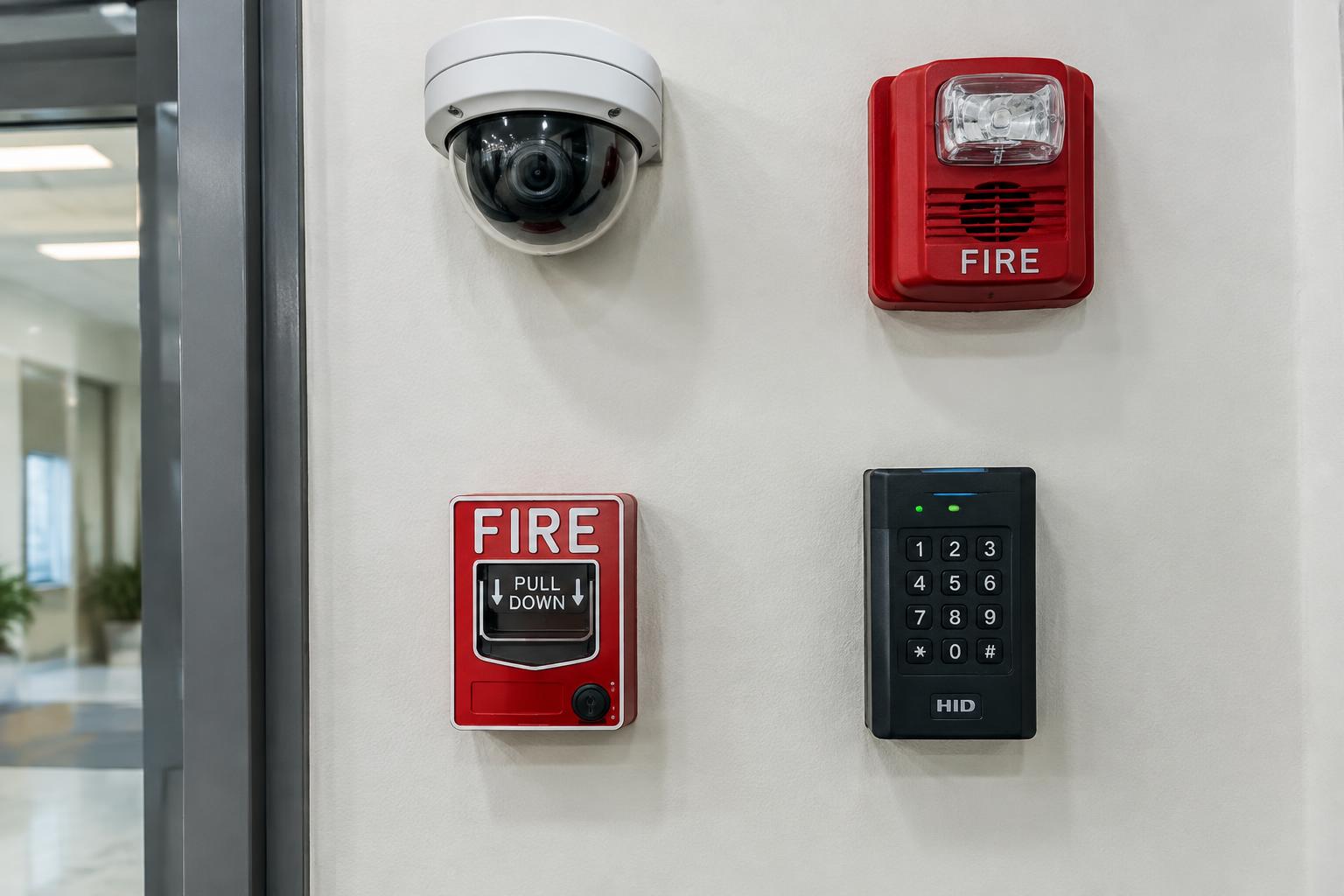 Commercial surveillance camera, fire alarm devices and access control keypad