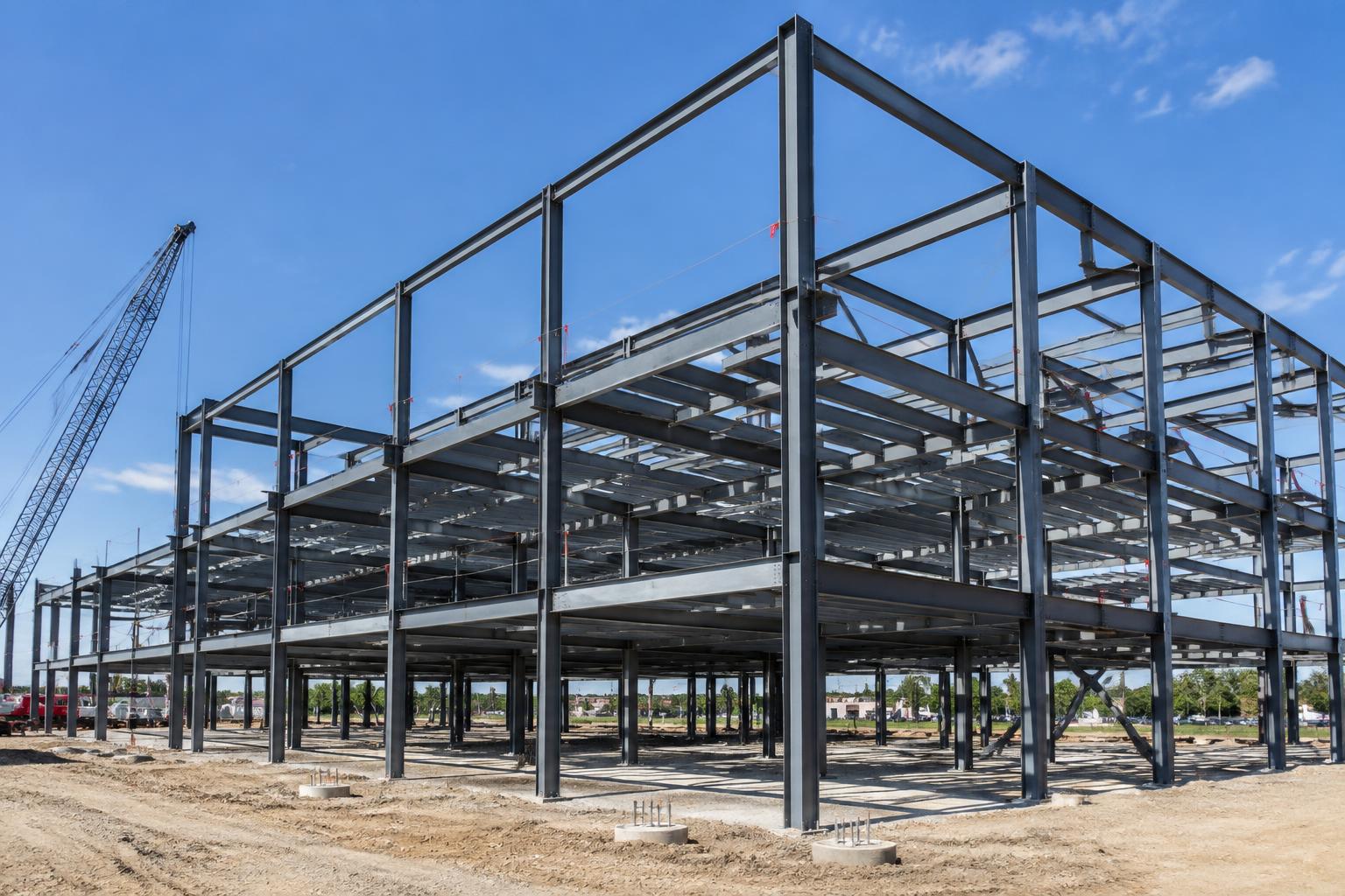 Structural steel frame of a large commercial building under construction